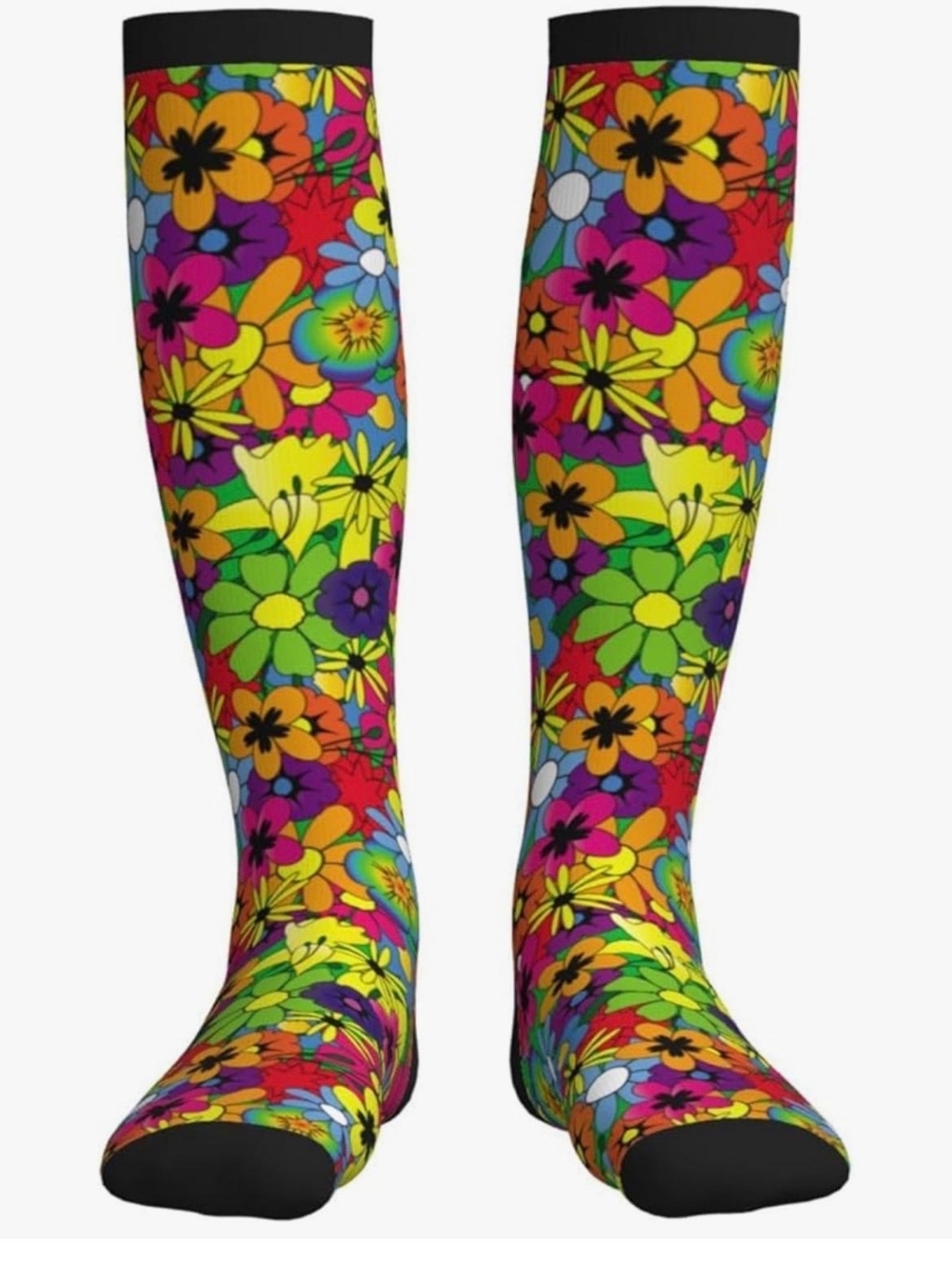 Vibrant Yellow Floral Crew Cmoression Socks - Woman's Colorful Patterned Socks - Picture 4 of 4